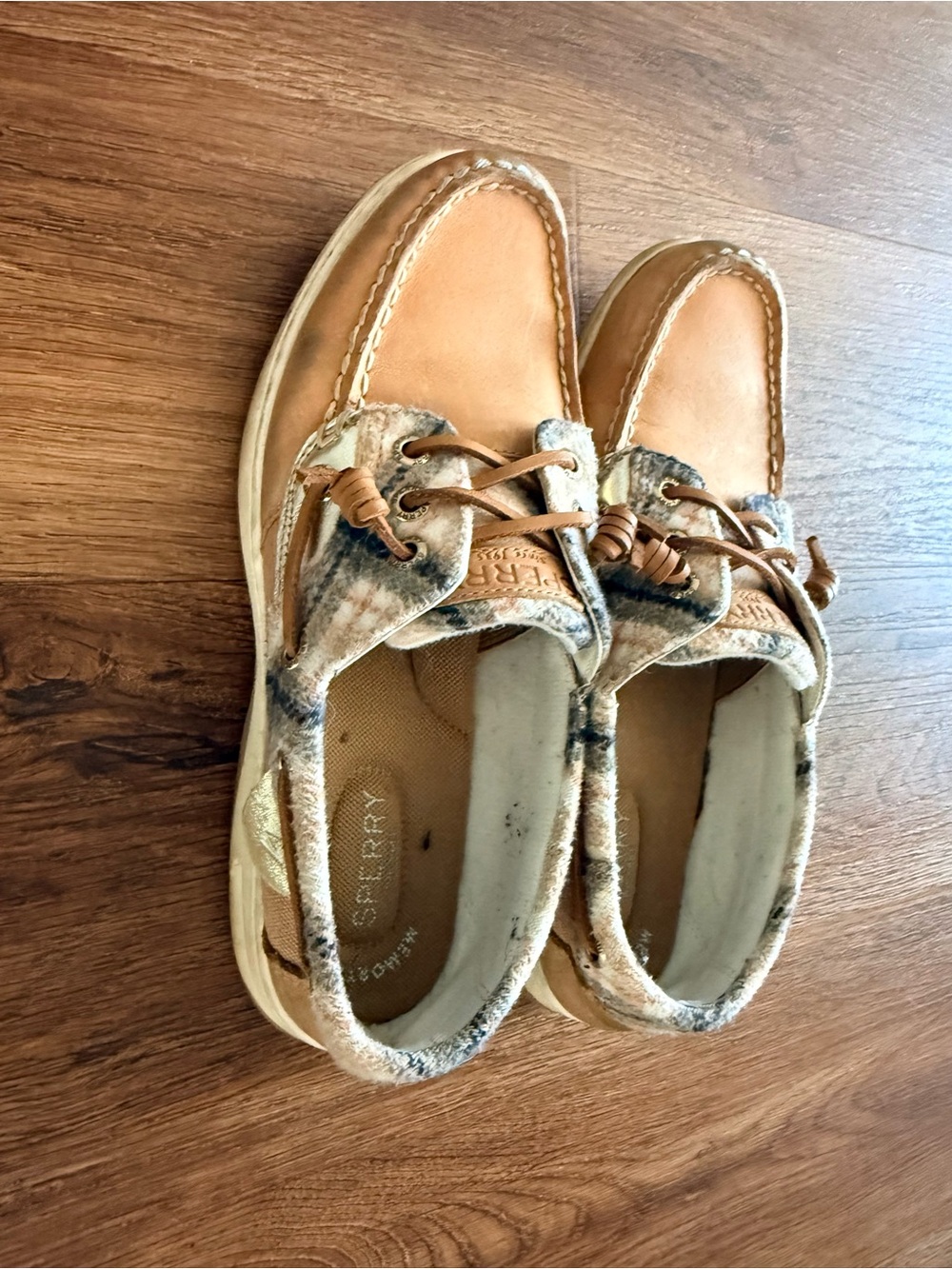 Sperry Tan Leather Boat Shoes with Plaid Wool Trim